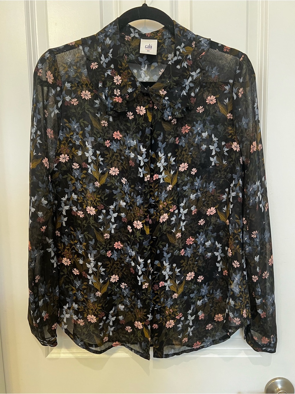 CAbi Black Sheer Floral Button-Up Blouse with Pink & Blue Flowers